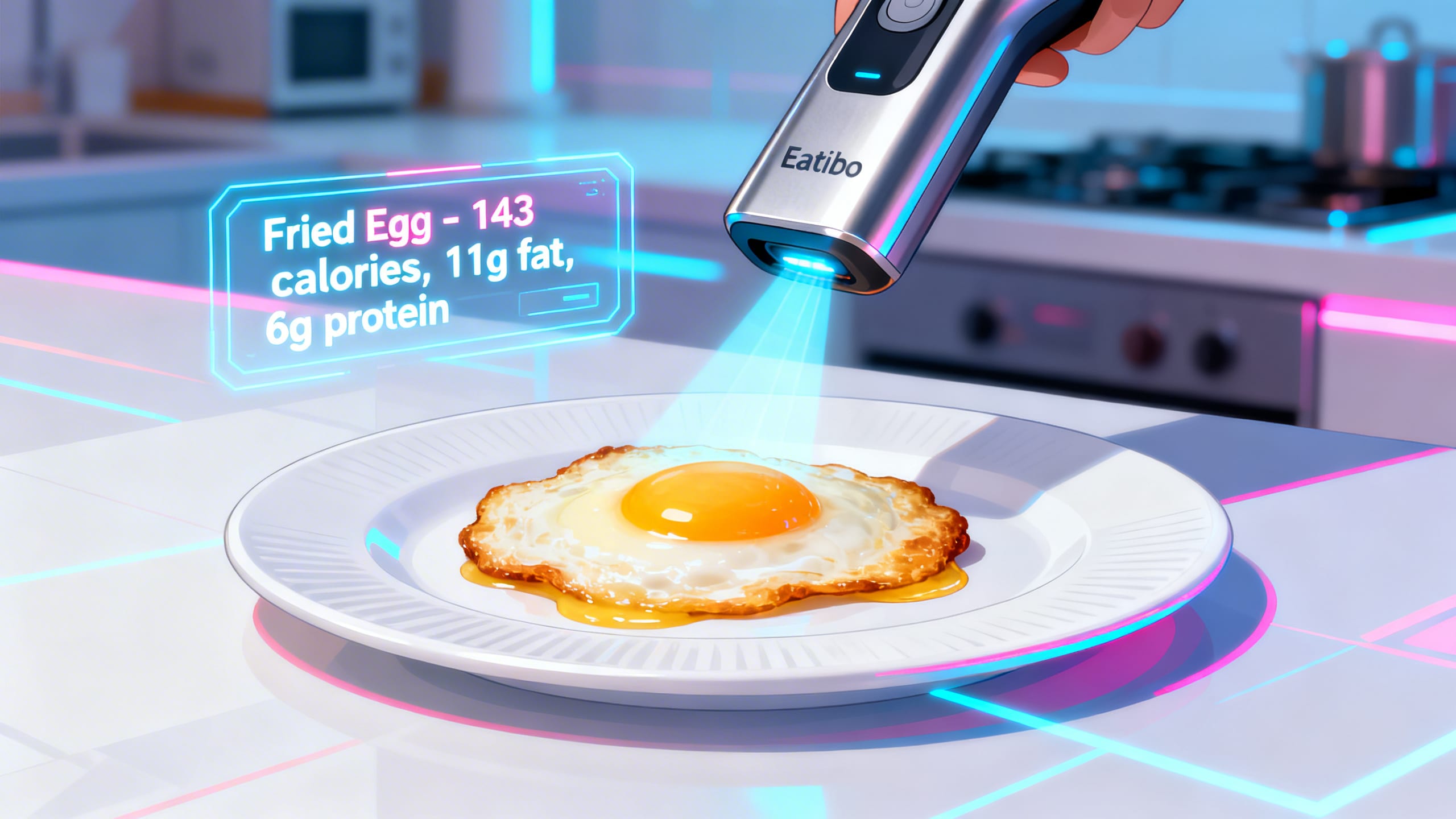 stylized screenshot of Eatibo scanning a plate with a fried egg, showing instant results